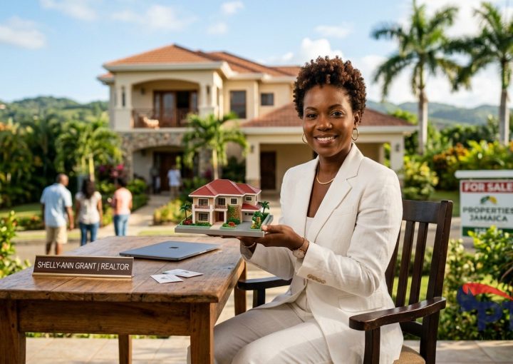 Portrait of a beautiful business woman in white suit sitting at her desk and holding a house model. Real estate Real Estate Agent or housing insurance agent.