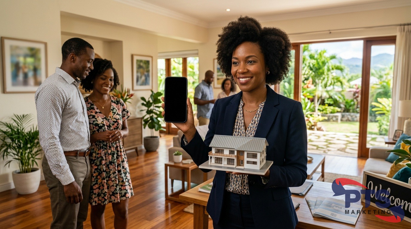 Real estate agent woman showing smart phone with empty screen and holding house model.