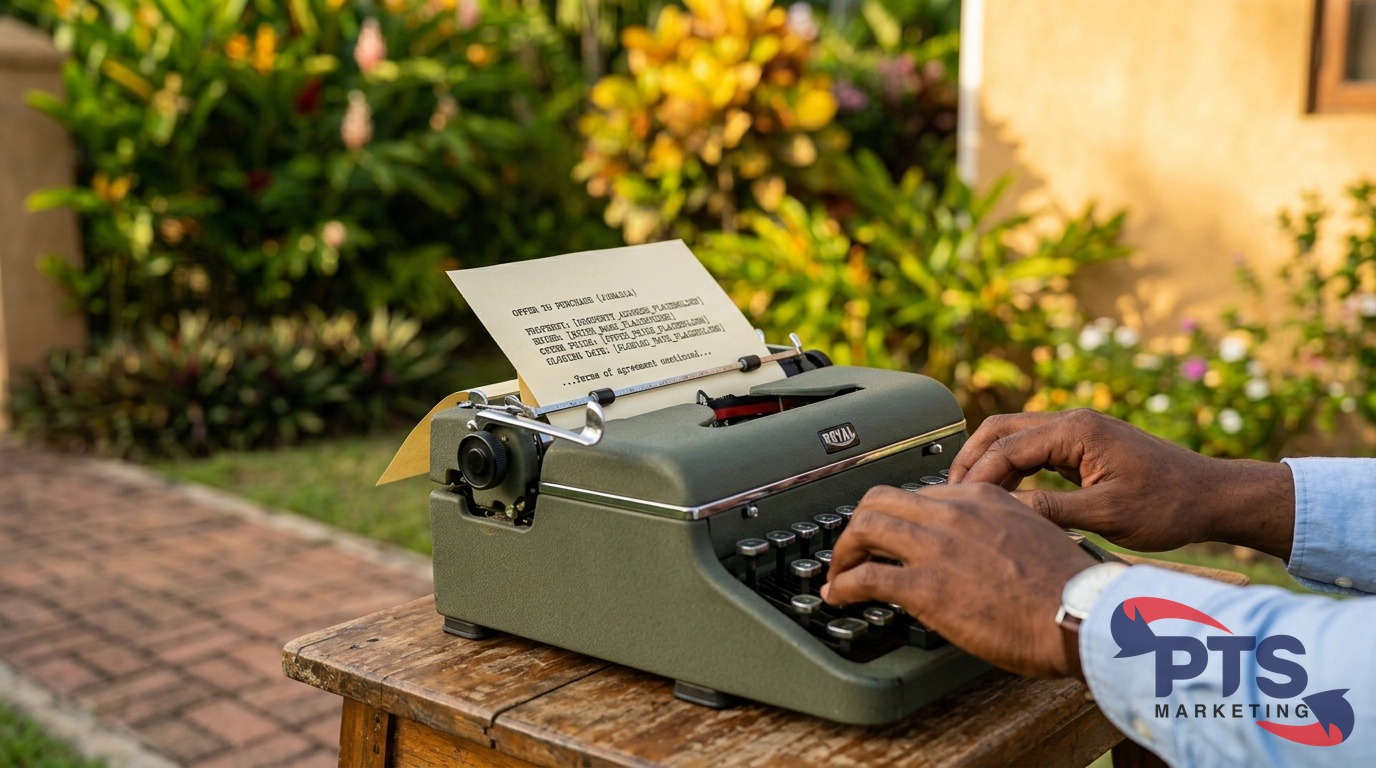 a close up of a typewriter with a real estate paper on it