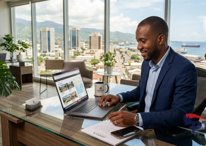 Jamaican real estate agent reviewing property listings on laptop