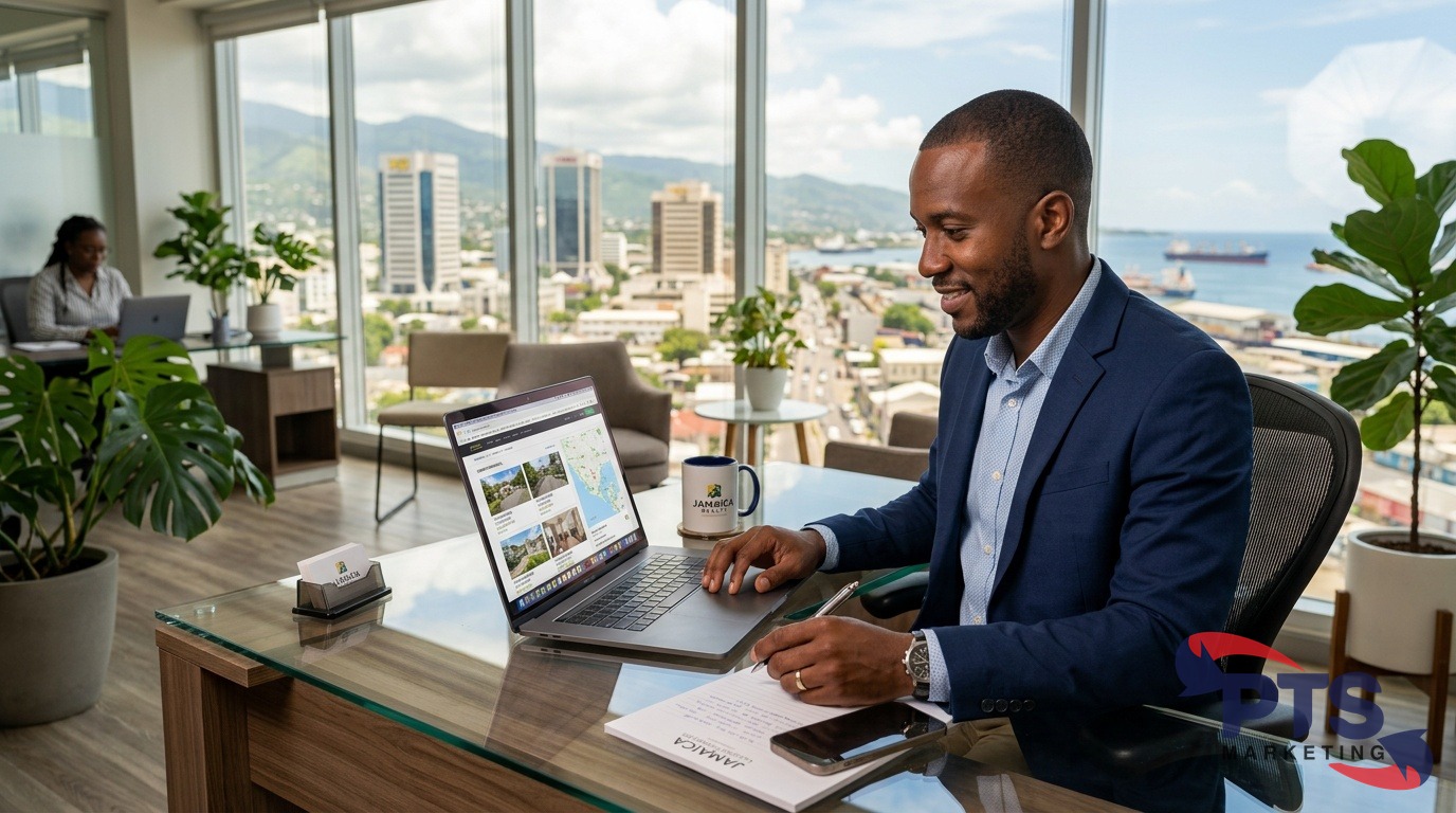 Jamaican real estate agent reviewing property listings on laptop
