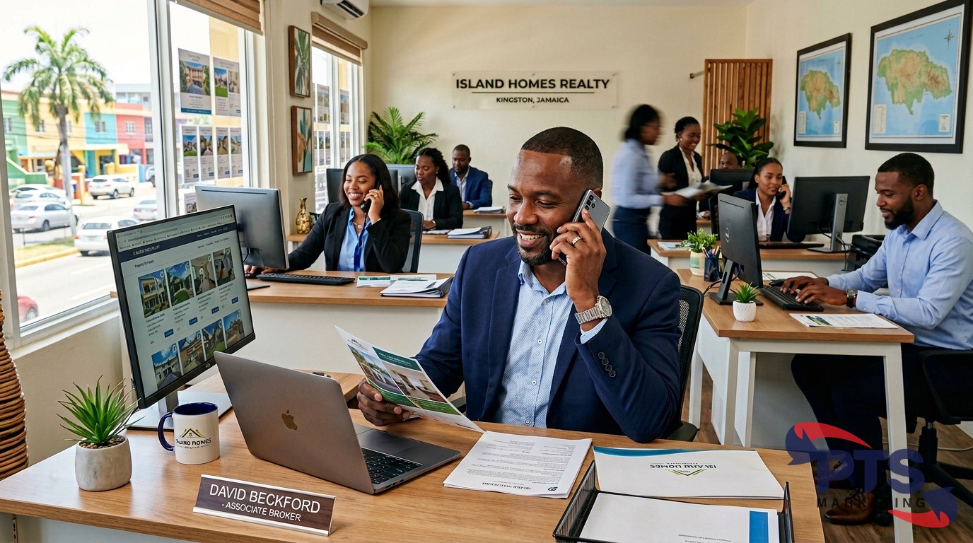 busy Jamaican real estate brokerage office with agents working