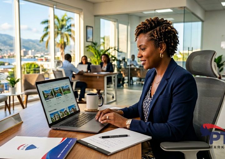 Jamaican real estate agent reviewing property listings on laptop