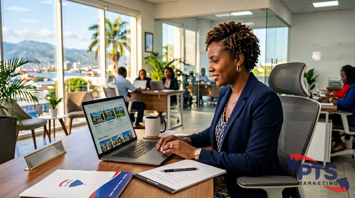 Jamaican real estate agent reviewing property listings on laptop