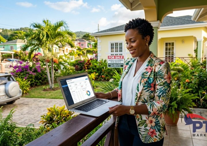 Jamaican real estate agent reviewing leads on laptop