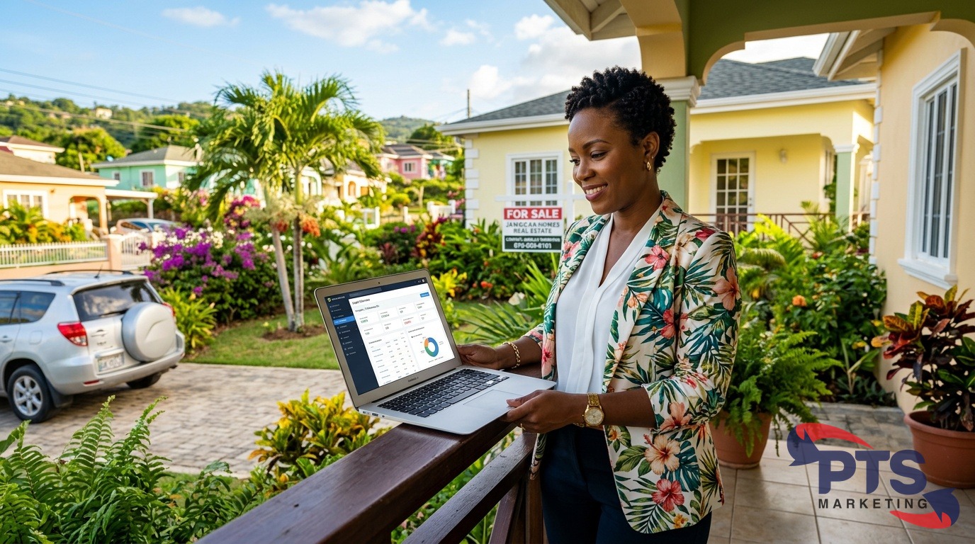 Jamaican real estate agent reviewing leads on laptop