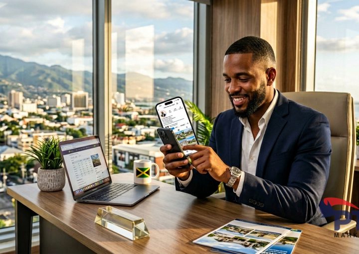 Jamaican real estate agent using smartphone for social media