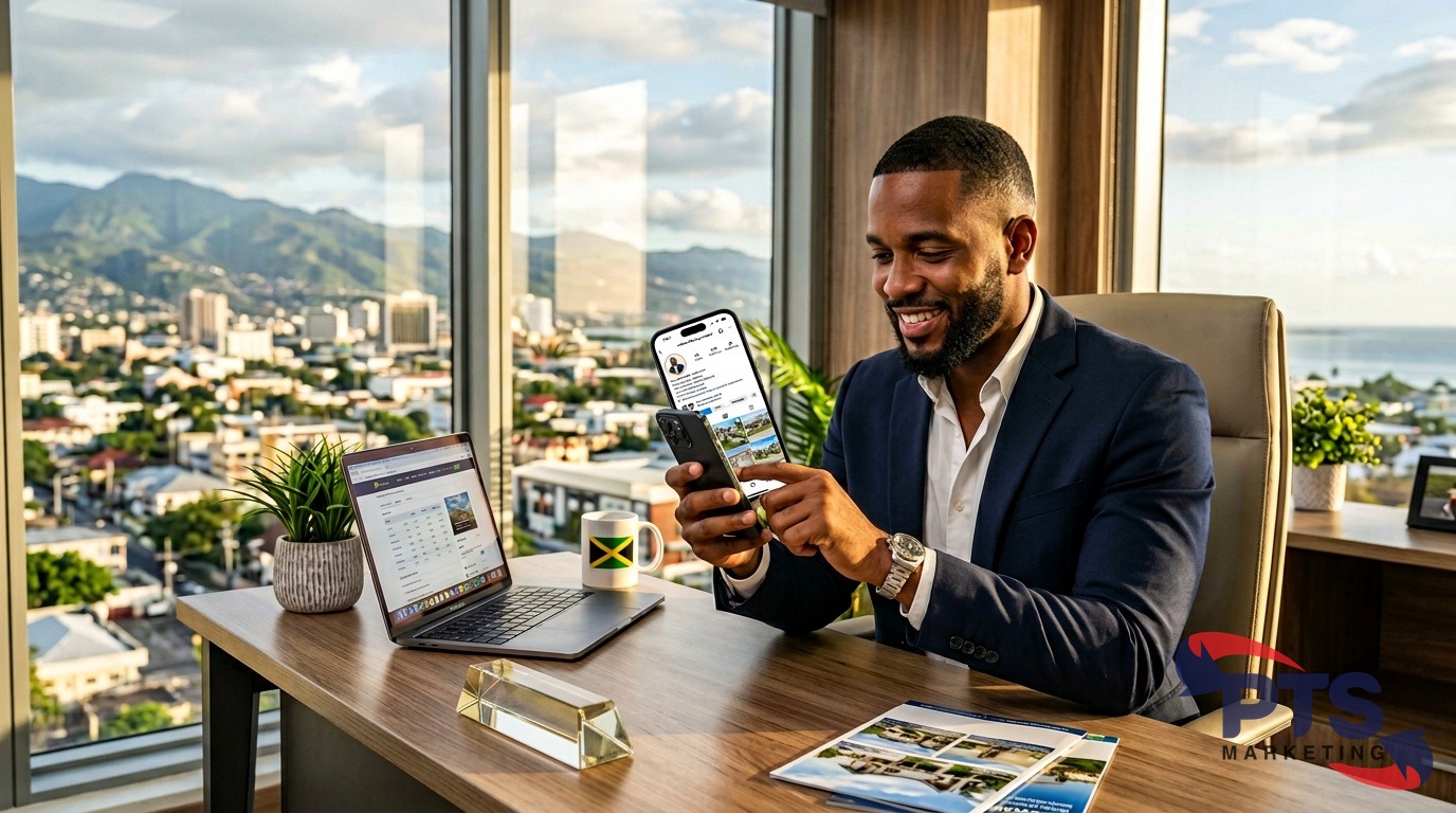 Jamaican real estate agent using smartphone for social media