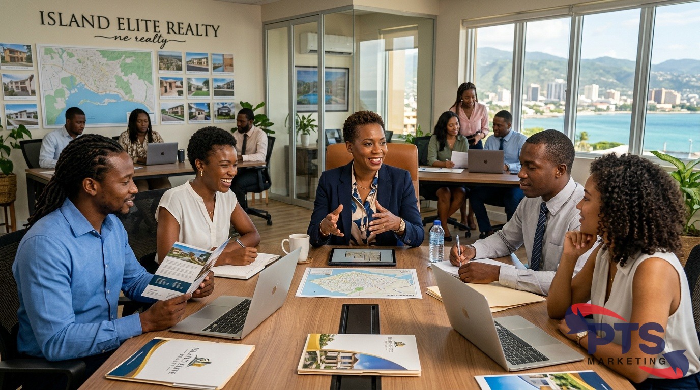 Real estate brokerage office in Kingston Jamaica with agents collaborating