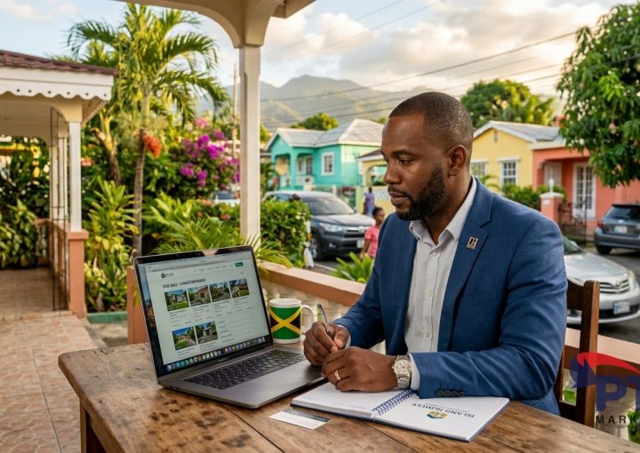 Jamaican real estate agent reviewing property listings on laptop