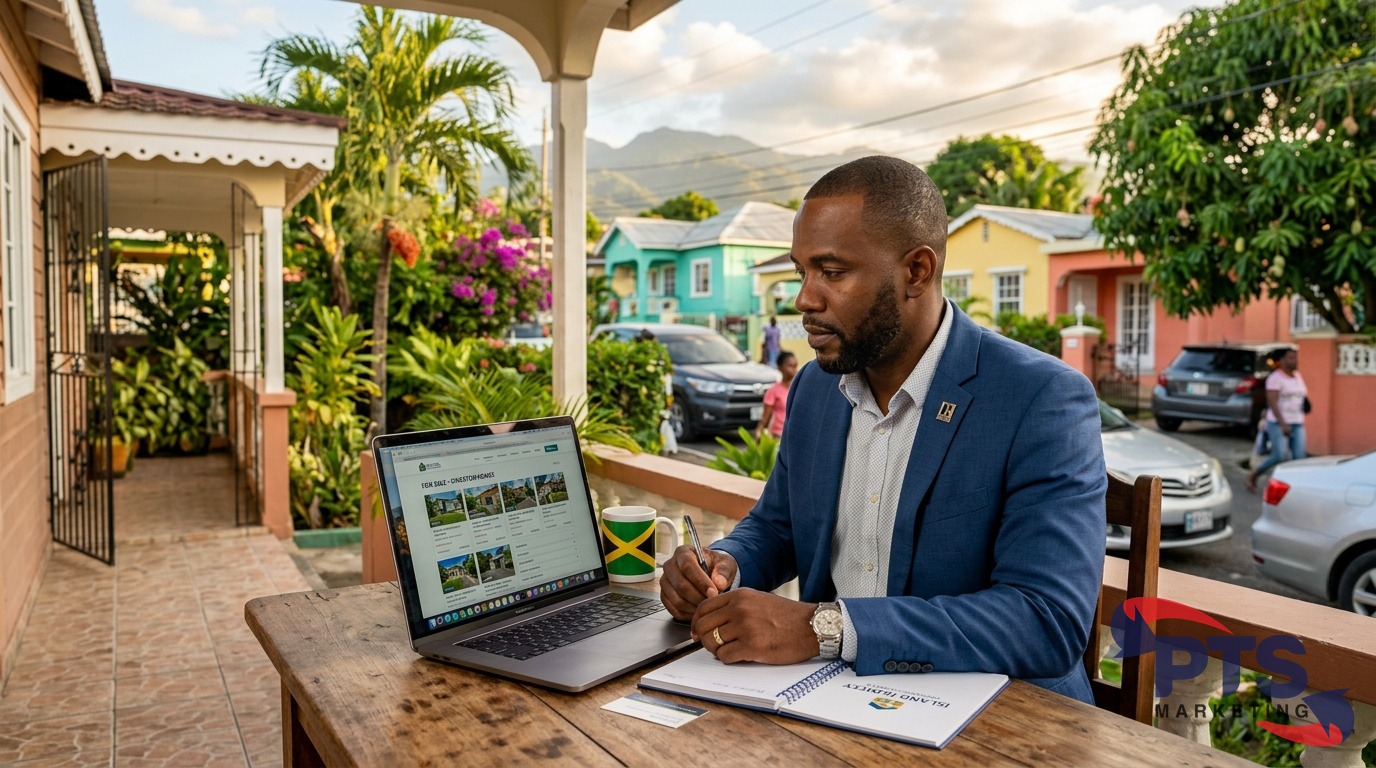 Jamaican real estate agent reviewing property listings on laptop