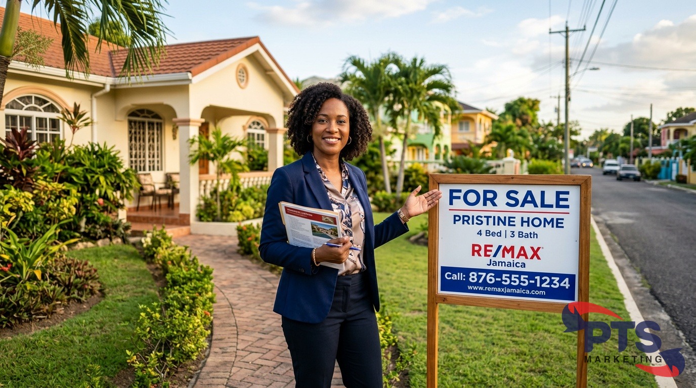 property for sale signboard in a Jamaican neighborhood