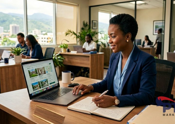 Jamaican real estate agent reviewing property listings on laptop