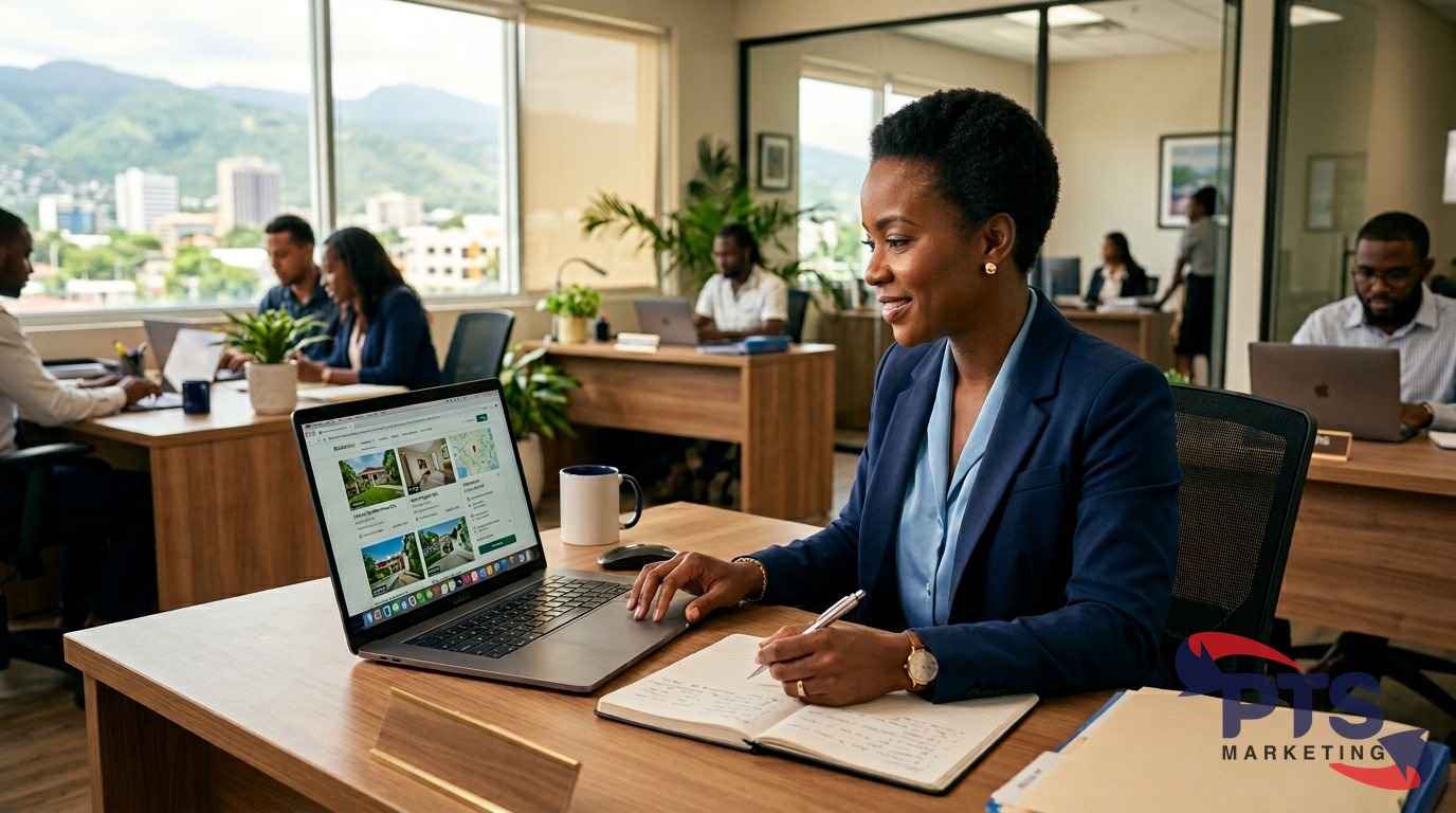 Jamaican real estate agent reviewing property listings on laptop