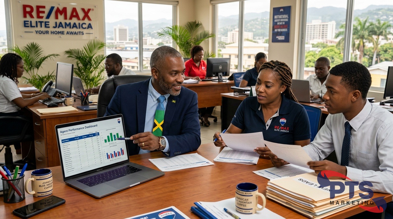 Jamaican real estate office with agents receiving leads