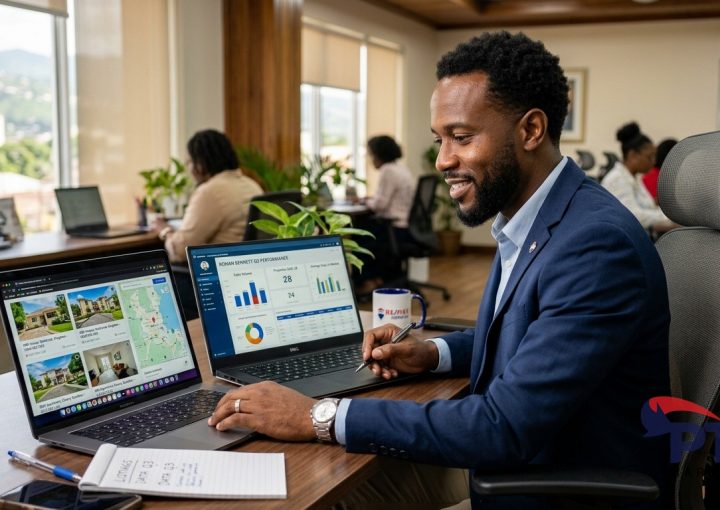 Jamaican real estate agent reviewing property listings on laptop
