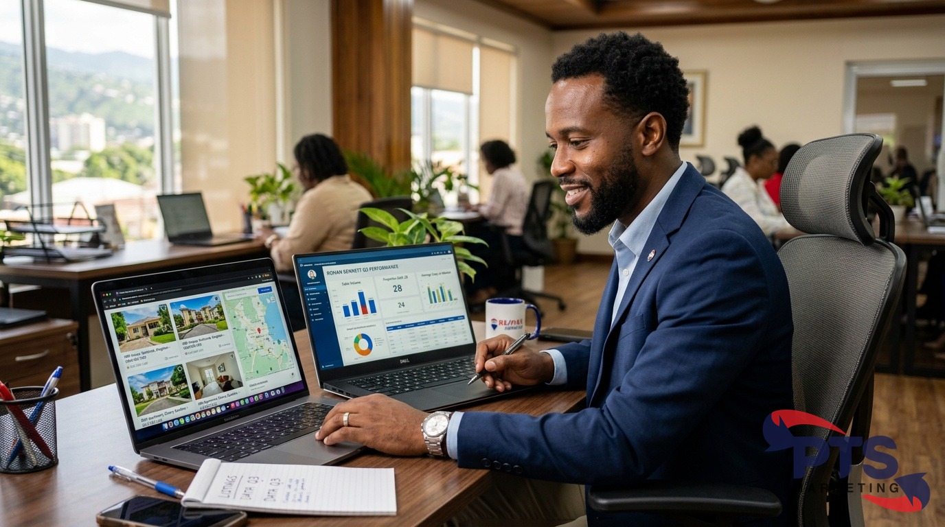 Jamaican real estate agent reviewing property listings on laptop