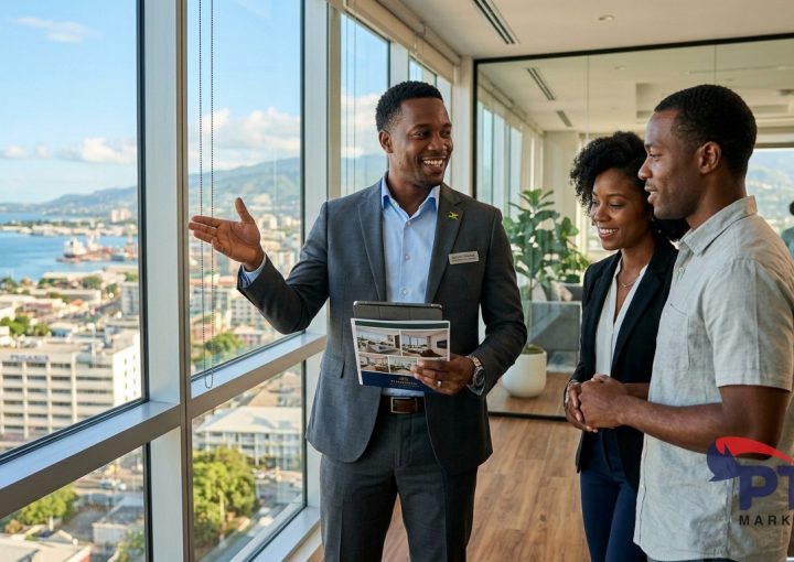 Jamaican real estate agent showing property to buyers