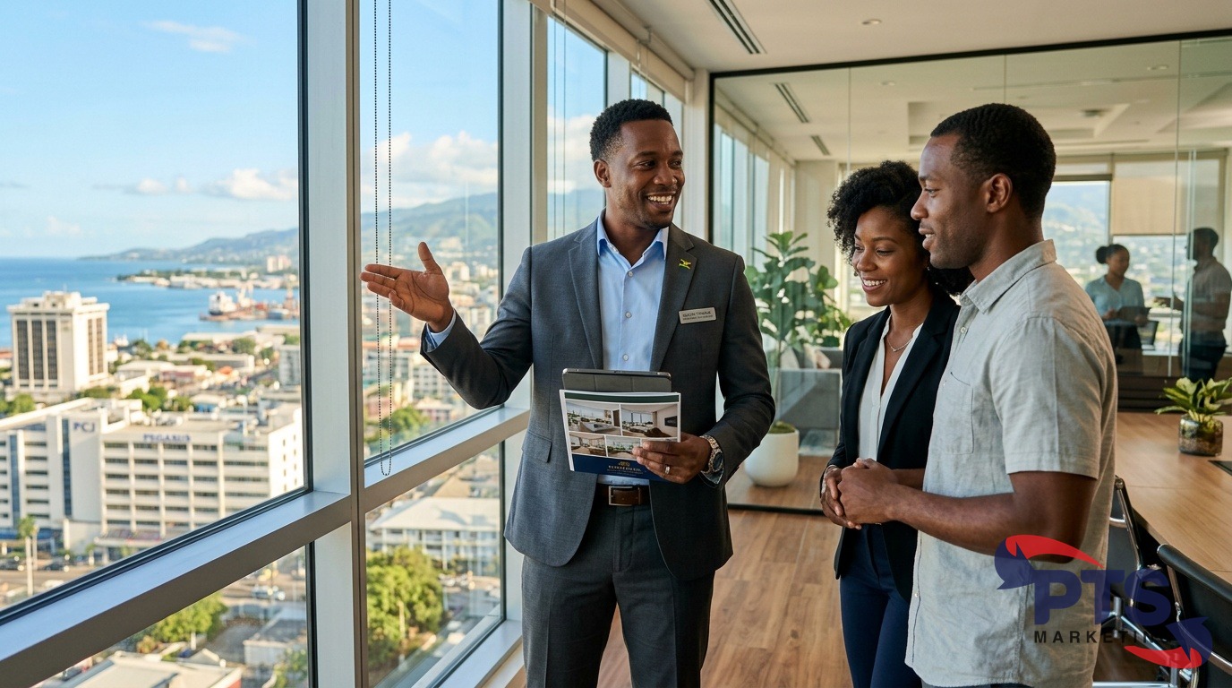 Jamaican real estate agent showing property to buyers