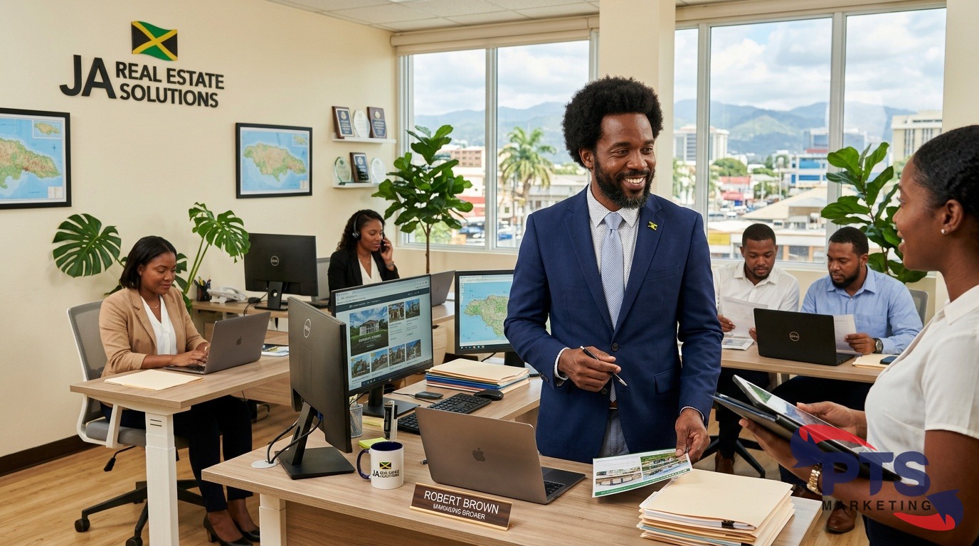 Jamaica real estate office with agents working on laptops
