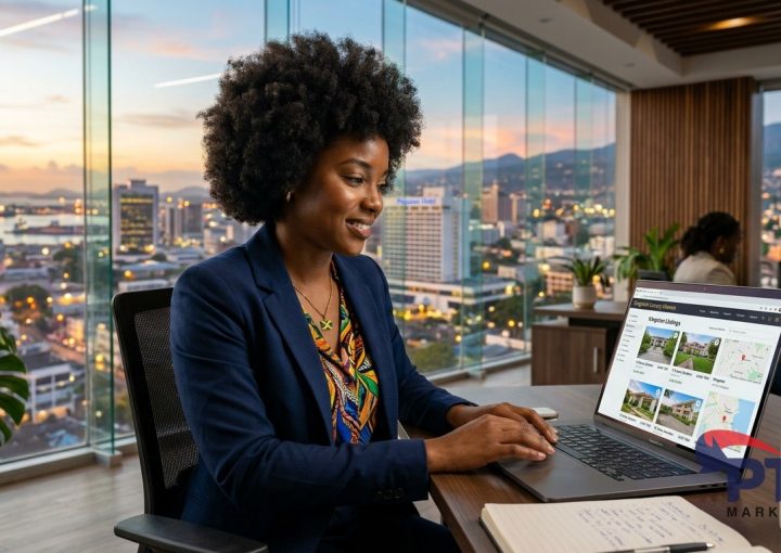Jamaican real estate agent reviewing property listings on laptop