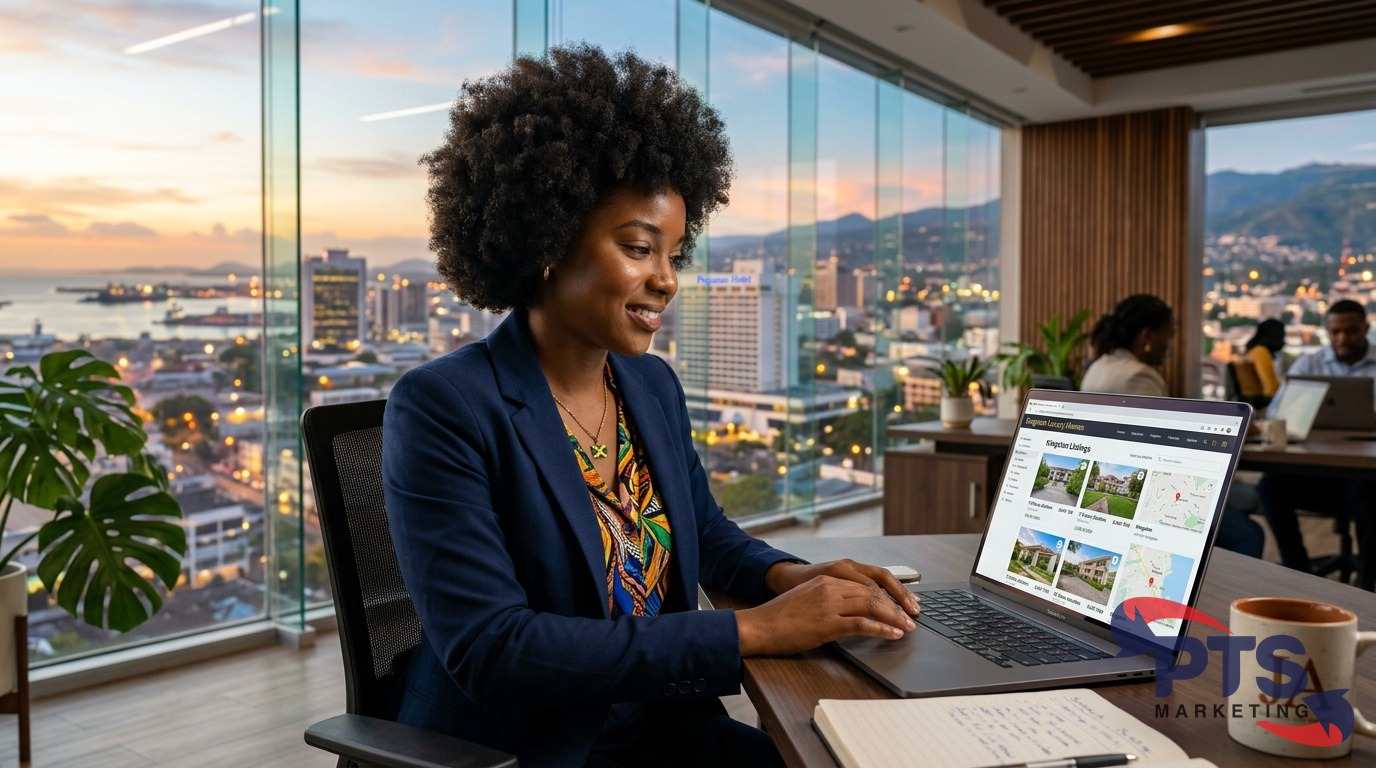 Jamaican real estate agent reviewing property listings on laptop