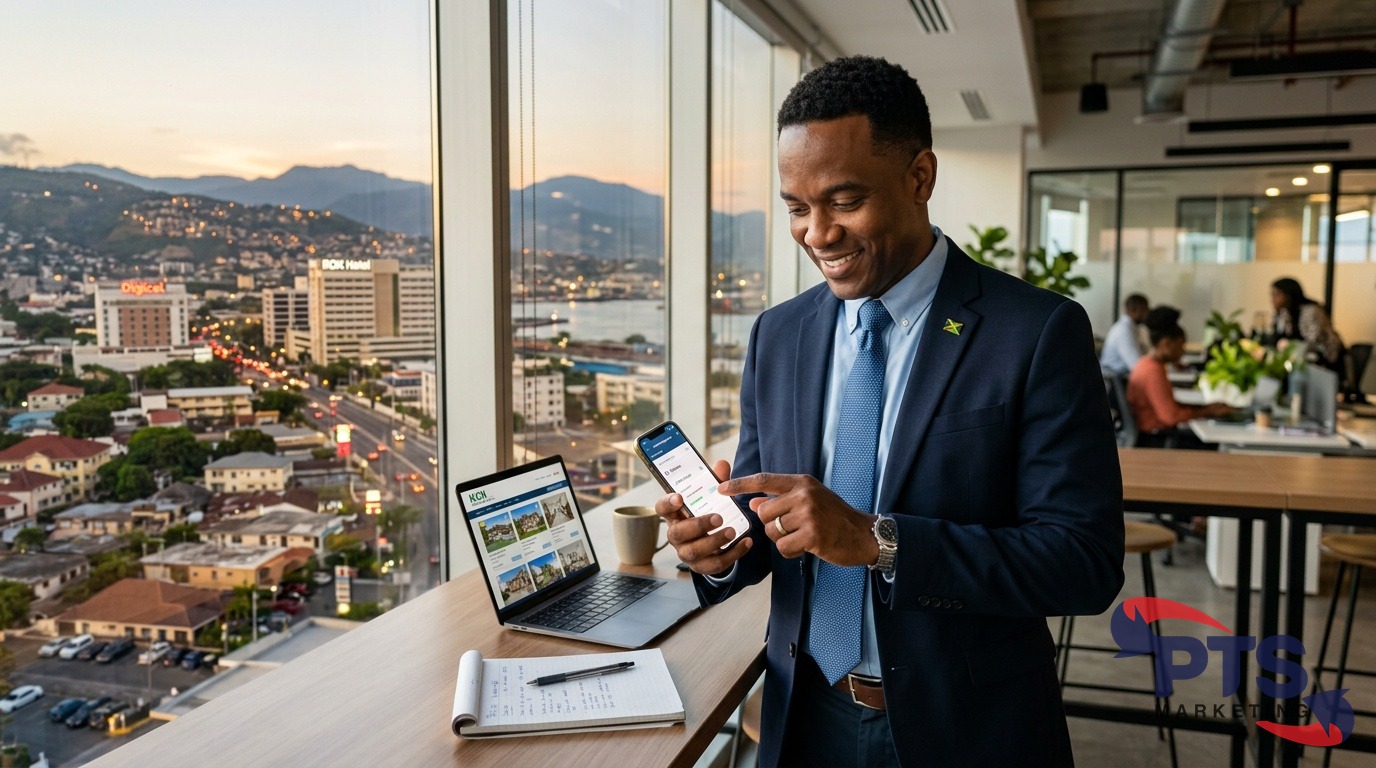 Jamaican real estate agent following up leads on smartphone