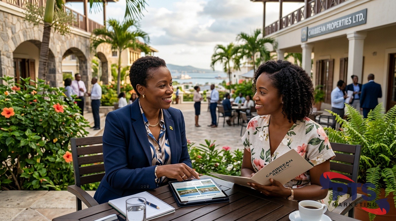 friendly Jamaican real estate agent meeting client outdoors