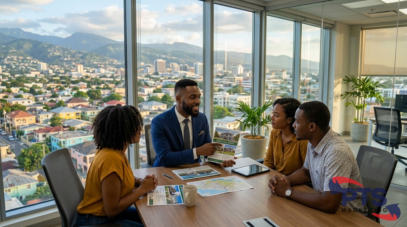 Jamaican neighborhood properties with agents discussing sale