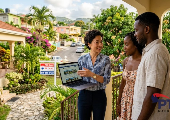 Jamaican real estate agent reviewing property listings on laptop