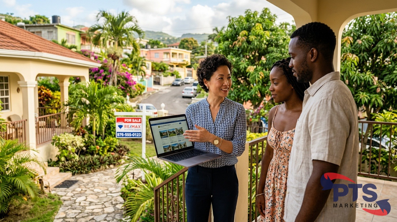 Jamaican real estate agent reviewing property listings on laptop