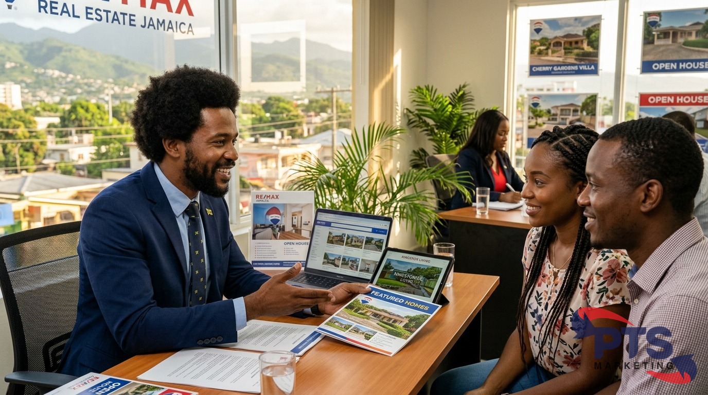 Jamaica real estate agents meeting with clients in office