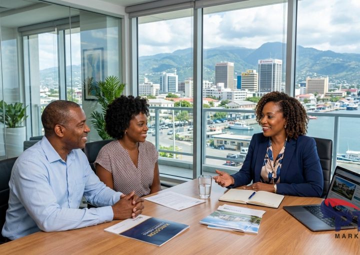 Jamaican real estate agent meeting clients in Kingston office