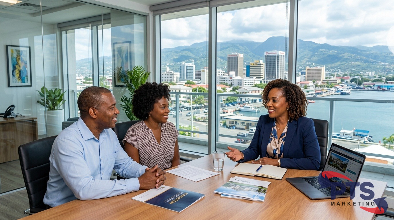 Jamaican real estate agent meeting clients in Kingston office