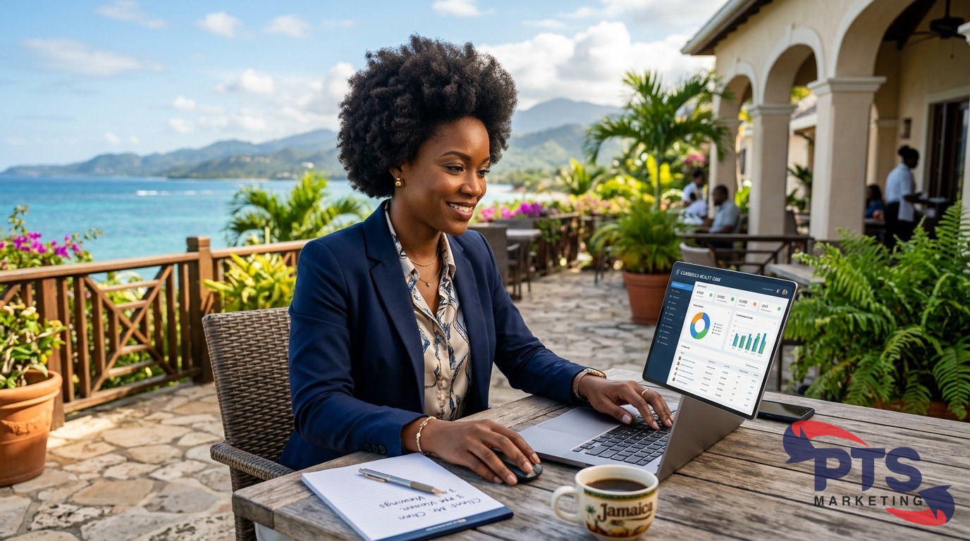 Real estate agent using CRM software on laptop in Jamaica