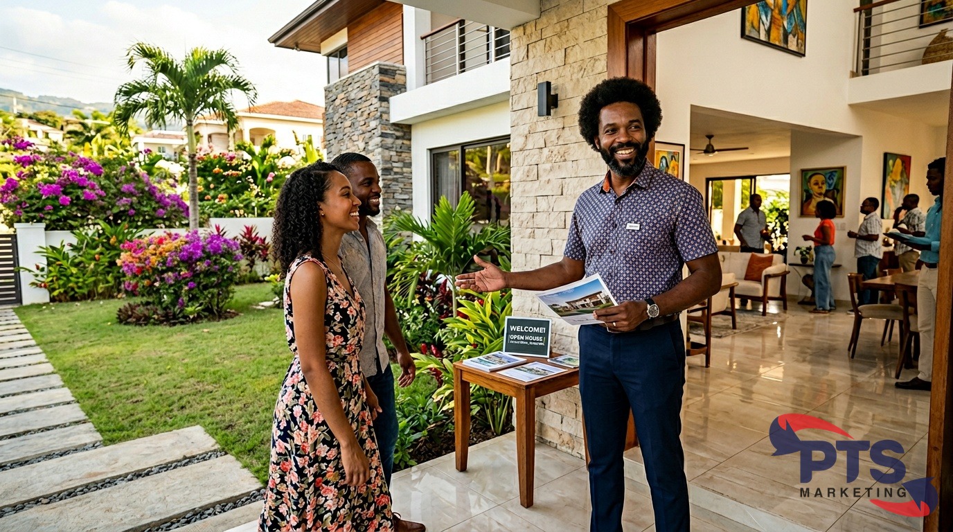 modern Jamaican home with WhatsApp chat overlay