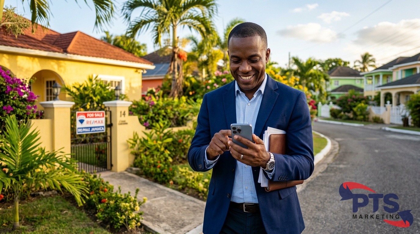real estate agent closing deal on smartphone Jamaica
