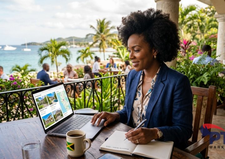 Jamaican real estate agent reviewing property listings on laptop