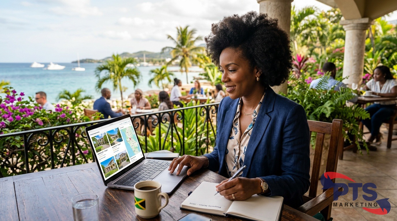 Jamaican real estate agent reviewing property listings on laptop